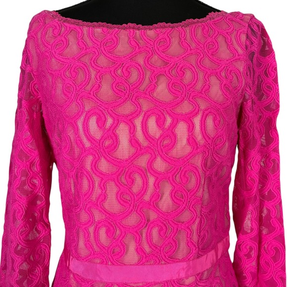 Hot Pink Lace Sheath Dress Long Sleeve V Neck Party Cocktail Sz 4 - Picture 3 of 10